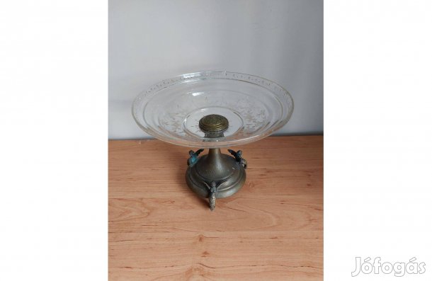 Antik Rokokó kínálótál ( 3 db angyalka ) Csiszolt üvegtál