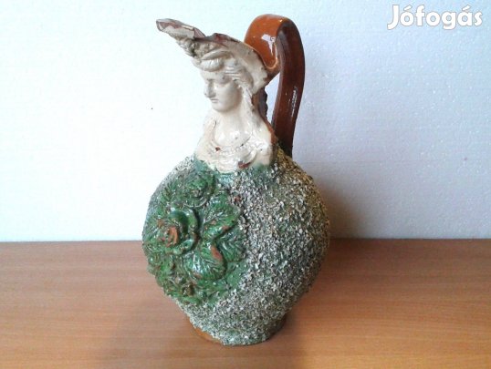 Antik XIX.sz.végi, ritka, nő fejes, kiöntős, mázas korsó, Erdélyből