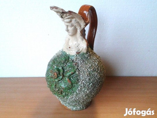 Antik XIX.sz.végi, ritka, női fejes kiöntős, mázas korsó, Erdélyből