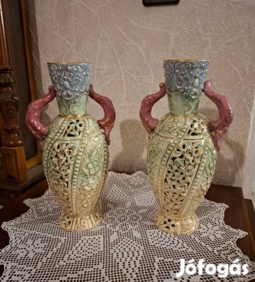 Antik Zsolnay rokokó áttört vázapáros! 1880!