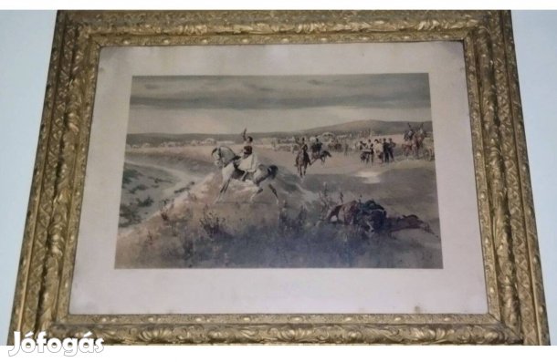 Antik, aranyozott, korhú fa keretben litográfia eladó