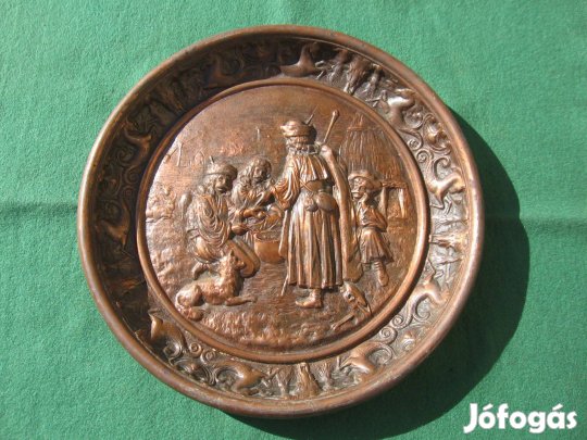 Antik, bronzirozott öntött vas fali-tál betyár életkép ábr. gyűjtőknek