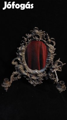 Antik, puttos, jelzett, díszes, öntöttvas-réz fali tükör, gyertyatartó