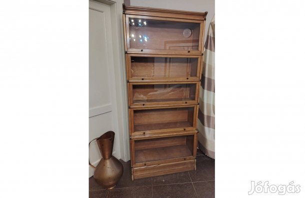 Antik, régi, fémpántos Lingel Károly elemes könyvesszekrény, könyvespo