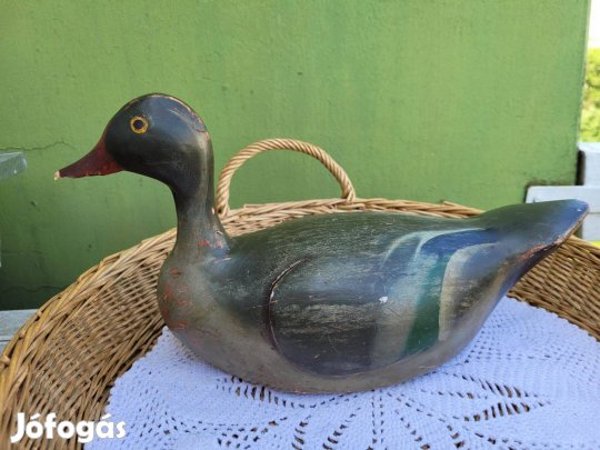 Antik, szignózott, kézzel festett fa vadkacsa csali, szobor