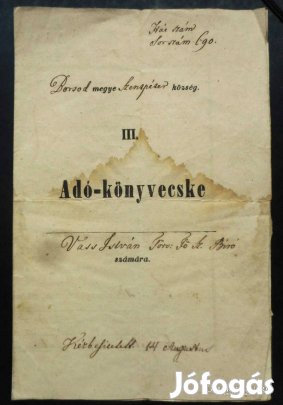 Antik adó-könyvecske 1851-52, Vass István (Sajó) Szentpéter