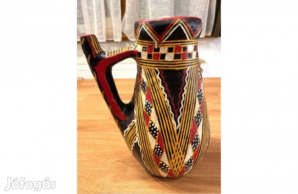 Antik arab vagy közel-keleti berber kézzel festett agyag korsó kancsó