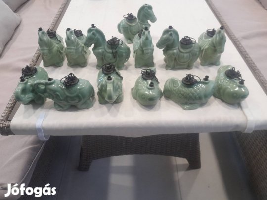 Antik ázsiai olajlámpa zöld ló/elefánt/hal