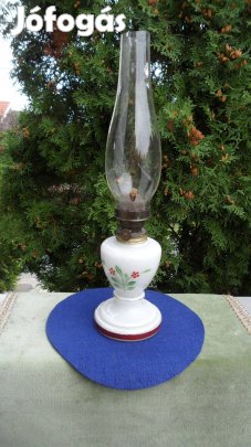 Antik barokk asztalra kézi festett színes hibátl. üveg petróleum lámpa