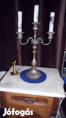 Antik barokk gyertyatartó ezüstözött 3-as, míves kivehető hibátlan