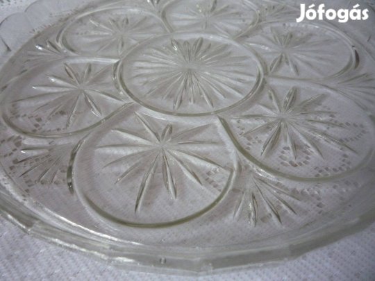 Antik csiszolt üveg tálca, kínáló tál, kerek