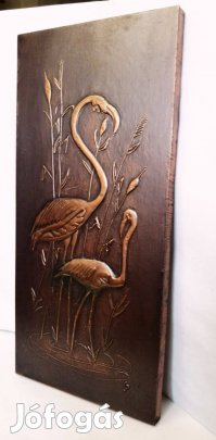 Antik domborműves vörösréz táblakép flamingókkal