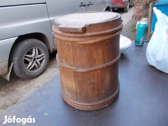 Antik fa liszt dara tartó konyhai tároló kádár munka 100 éves