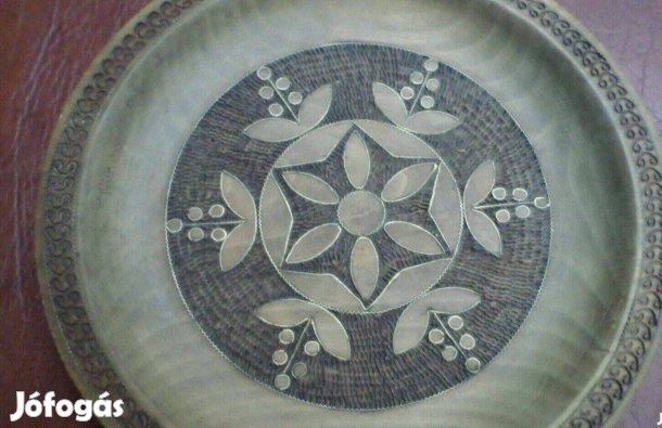 Antik fa tányér dísztányér kézműves réz intarzia