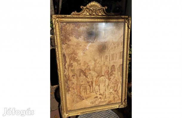 Antik fali kárpit tájkép kastély szarvasvadászat régi szőttes kép fali