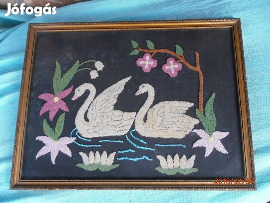 Antik falikép, horgolt hattyús kép fa keretben 10000 ft:Lenti