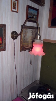 Antik falra, minőségi lámpa rézből húzós kapcsolóval "fúvott" burával
