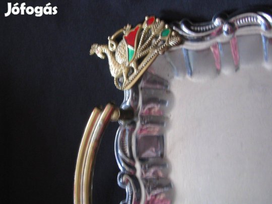 Antik fém tálca 33x22 4 sarkán színes réz páva 2 réz fogantyú Ritka