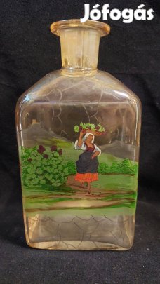 Antik festett üveg palack , nő egy kosár szőlővel
