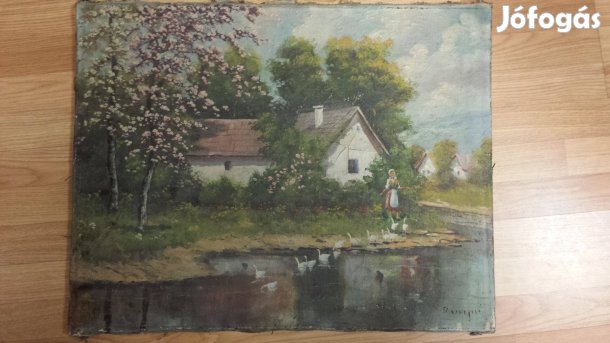 Antik festmény - lány ludakkal