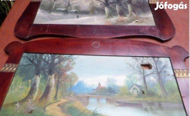 Antik festmény tájkép gyönyörű fa képkeret 2 db
