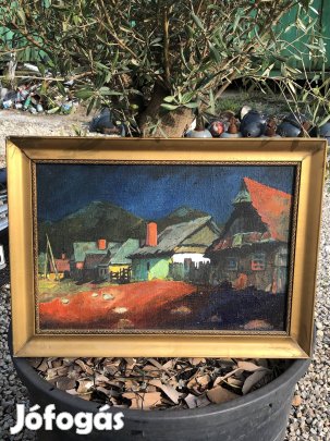 Antik festmény utcakép olaj zsákvászon 