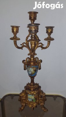Antik francia aranyozott festett porcelánbetétes gyertyatartó