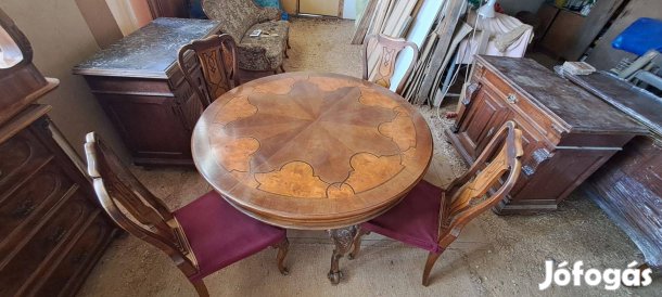 Antik intarziás körasztal 4 székkel