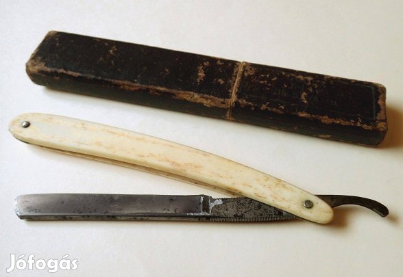 Antik jelzett Hermes Solingen csont nyelű borbély borotva dobozában