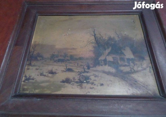 Antik kép tájkép fa képkeret 100 éves