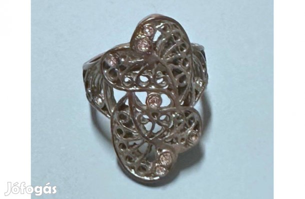 Antik kézműves ezüstözött bronz köves gyűrű 17,5 mm