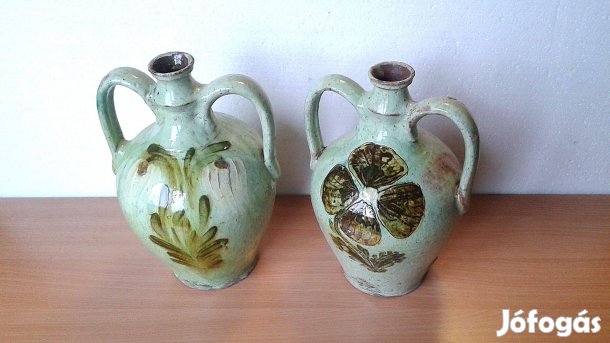 Antik kézzel festett kétfüles zöld mázas kerámia korsó