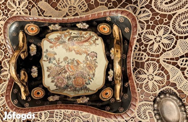 Antik kínai tál, talpas, kétfüles, aranyozott