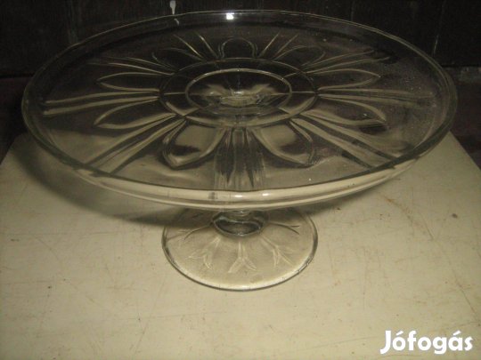 Antik minimal stílusú talpas üveg tortatál átm 24cm