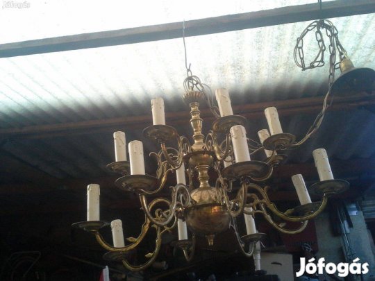 Antik nagy ritka kastély 16 karos ágú réz csillár lámpa mennyezeti