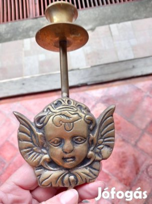 Antik nehéz réz gyertyatartó angyalfej mintával párban nagy méret