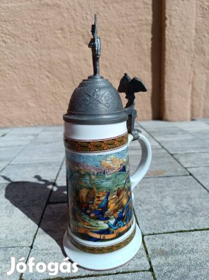 Antik német ónfedeles sörös korsó