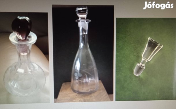 Antik öntött csiszolt üveg kínáló kiöntő butélia karaffa üvegdugókkal