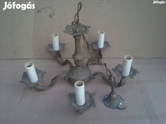 Antik patinás bronz réz 5 ágú karos csillár lámpa mennyezeti régi loft