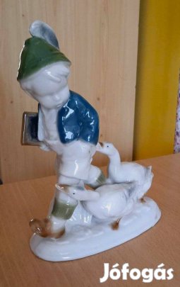 Antik porcelán fiú libákkal, Fasold & Stauch nagyobb nipp