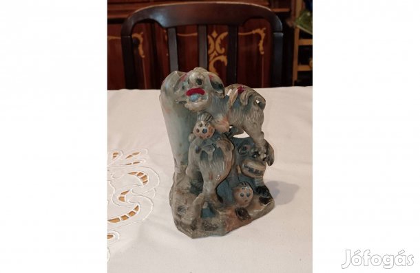 Antik régi állatmintás dúsan faragott tömör nagyméretű zsírkő szobor