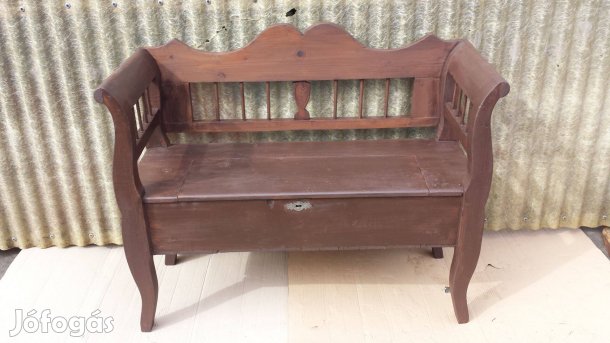Antik régi népi lóca karos pad láda paraszt kerti padláda felújítva