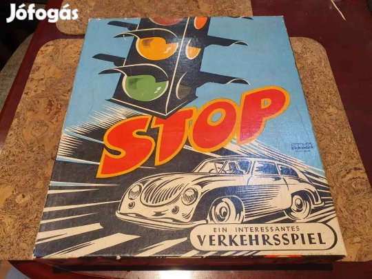 Antik retro hiánytalan stop társasjáték fa bábúkkal werkehrsspiel stom
