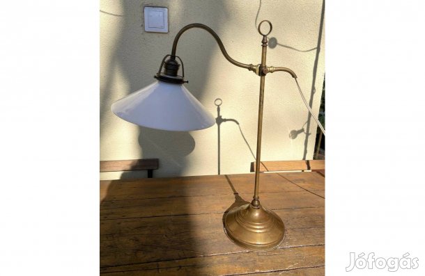 Antik réz banklámpa fehér tejüveg búrás régi asztali lámpa
