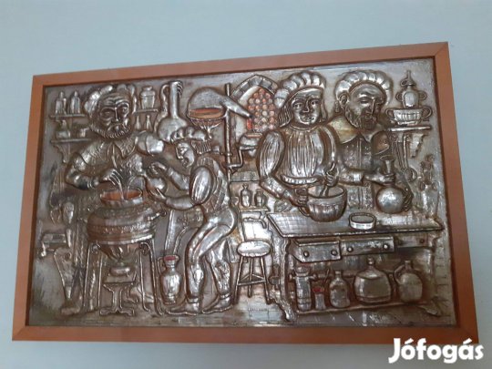 Antik réz fali kép domborműves konyhai jelenet