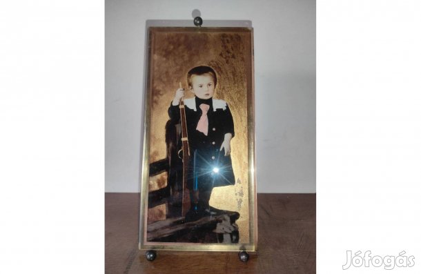 Antik réz fényképtartó fotóval, 1920-as évekből, 10×21 cm