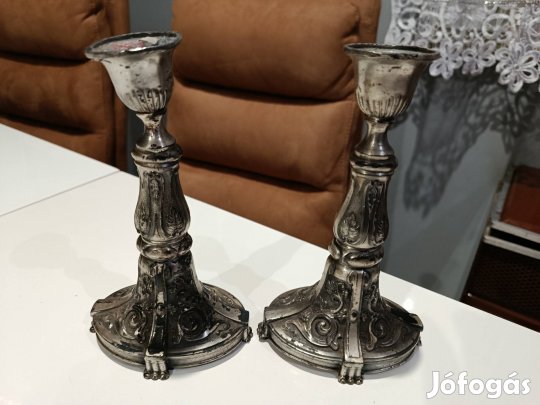 Antik rokokó stílusú ezüstözött gyertyatartó pár (18 cm)