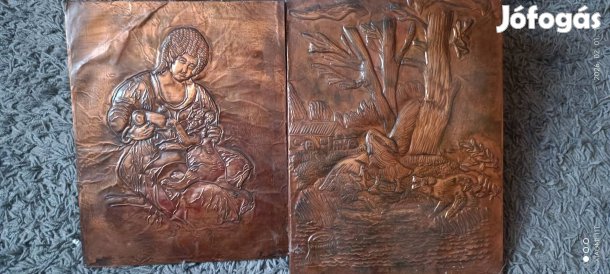 Antik sárgaréz domborművek. Vadászat. Nő kutyával. Utánvét 