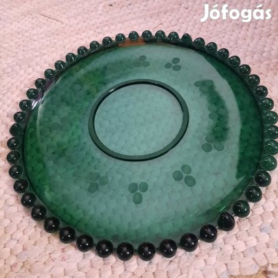 Antik smaragdzőld,bütykösperemű üveg tortakínáló