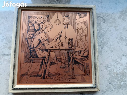 Antik stílusú rézkarc / rézlemez kép - Fafaragó műhelyben 